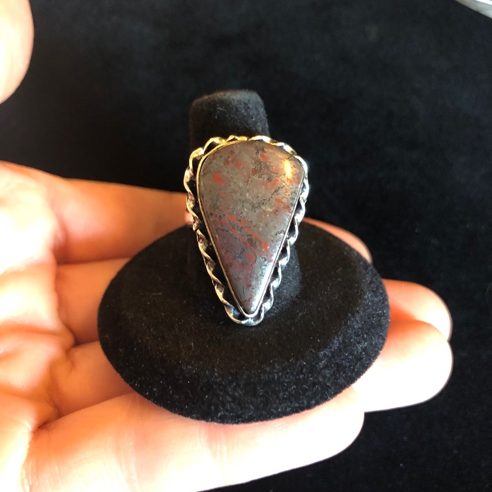 925 Sterling Silver and Gray Red Stone India Ring